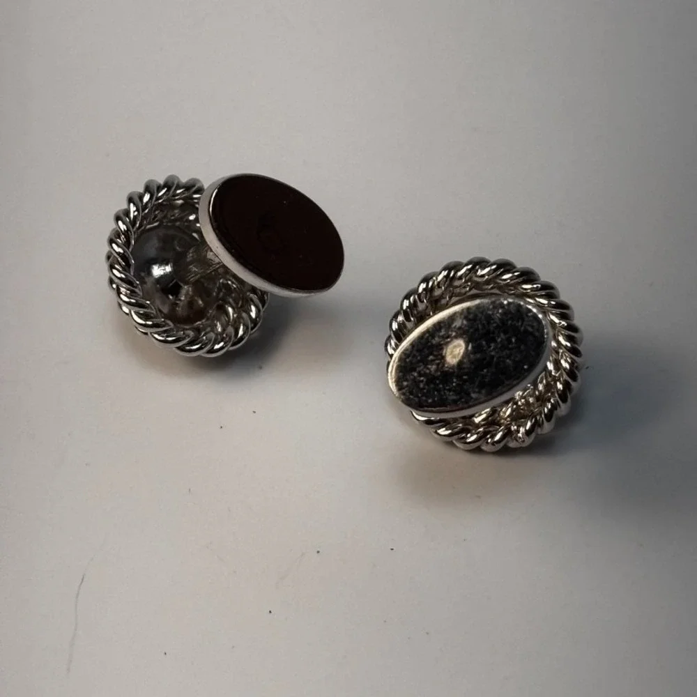 Vintage Cuff Links Silver Tone‎ Black Stone Elegant Mid Century